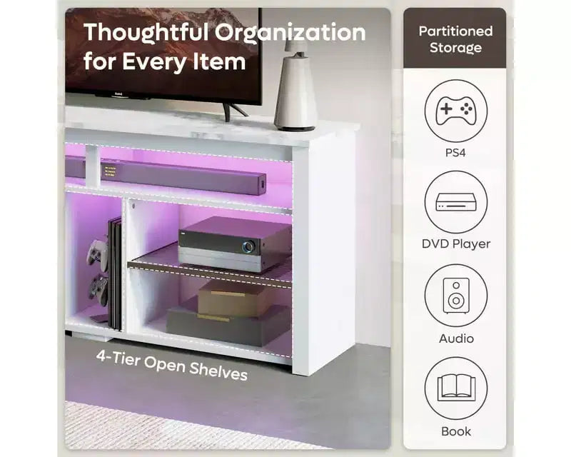 Meuble TV haut Bestier, meuble TV 55 LED pour téléviseurs jusqu'à 65 pouces, console TV de jeu avec rangement pour PS5, meuble média avec étagères réglables