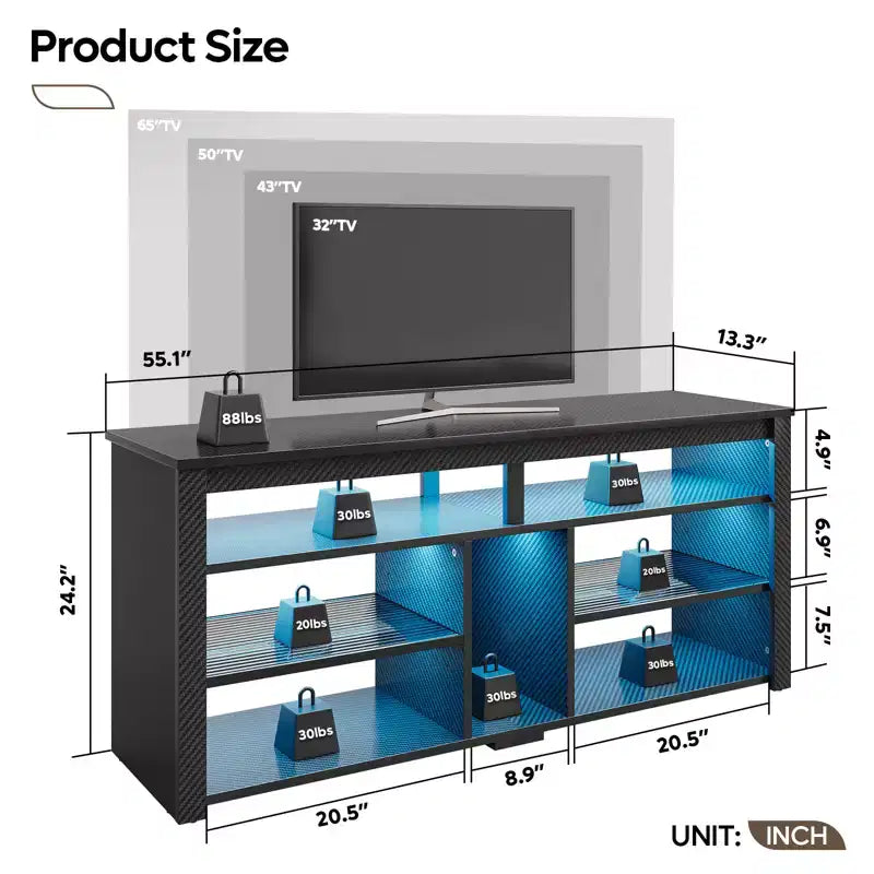 Meuble TV haut Bestier, meuble TV 55 LED pour téléviseurs jusqu'à 65 pouces, console TV de jeu avec rangement pour PS5, meuble média avec étagères réglables