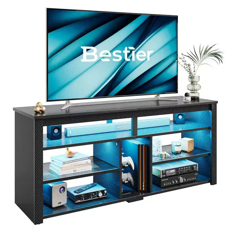 Meuble TV haut Bestier, meuble TV 55 LED pour téléviseurs jusqu'à 65 pouces, console TV de jeu avec rangement pour PS5, meuble média avec étagères réglables