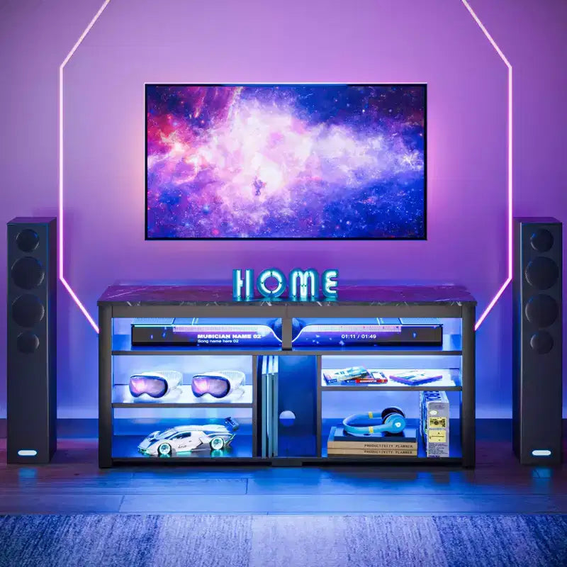 Meuble TV haut Bestier, meuble TV 55 LED pour téléviseurs jusqu'à 65 pouces, console TV de jeu avec rangement pour PS5, meuble média avec étagères réglables