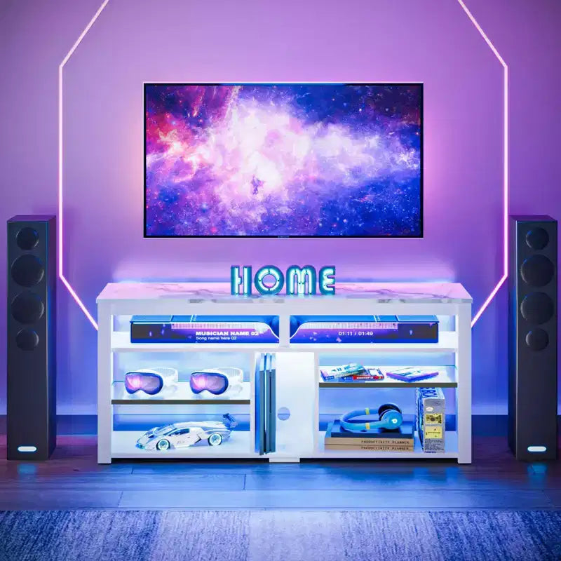 Meuble TV haut Bestier, meuble TV 55 LED pour téléviseurs jusqu'à 65 pouces, console TV de jeu avec rangement pour PS5, meuble média avec étagères réglables