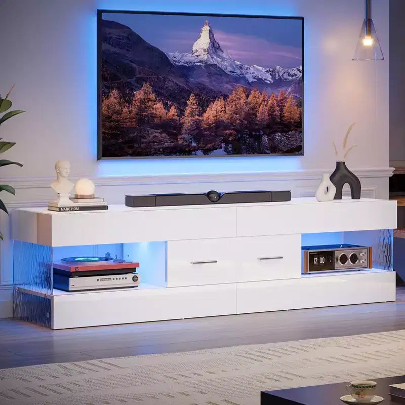 Meuble TV Bestier noir ultra-brillant pour TV jusqu'à 65 pouces, meuble de divertissement LED moderne avec tiroirs de rangement