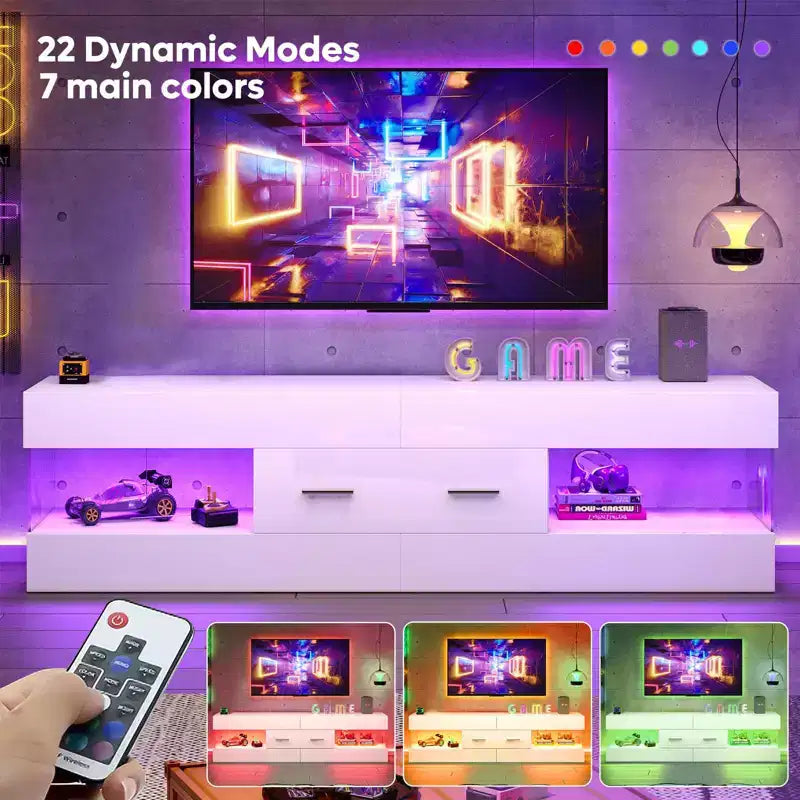 Meuble TV Bestier noir ultra-brillant pour TV jusqu'à 65 pouces, meuble de divertissement LED moderne avec tiroirs de rangement
