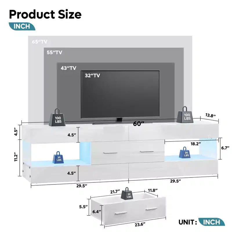 Meuble TV Bestier noir ultra-brillant pour TV jusqu'à 65 pouces, meuble de divertissement LED moderne avec tiroirs de rangement