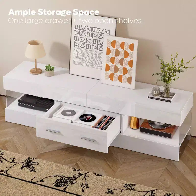 Meuble TV Bestier noir ultra-brillant pour TV jusqu'à 65 pouces, meuble de divertissement LED moderne avec tiroirs de rangement