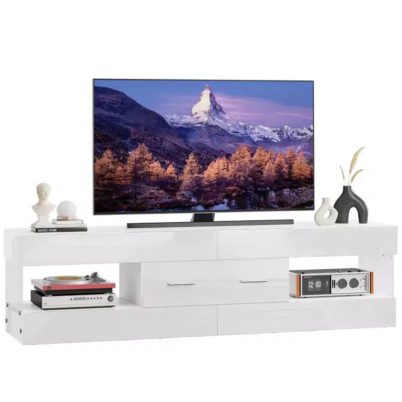 Meuble TV Bestier noir ultra-brillant pour TV jusqu'à 65 pouces, meuble de divertissement LED moderne avec tiroirs de rangement