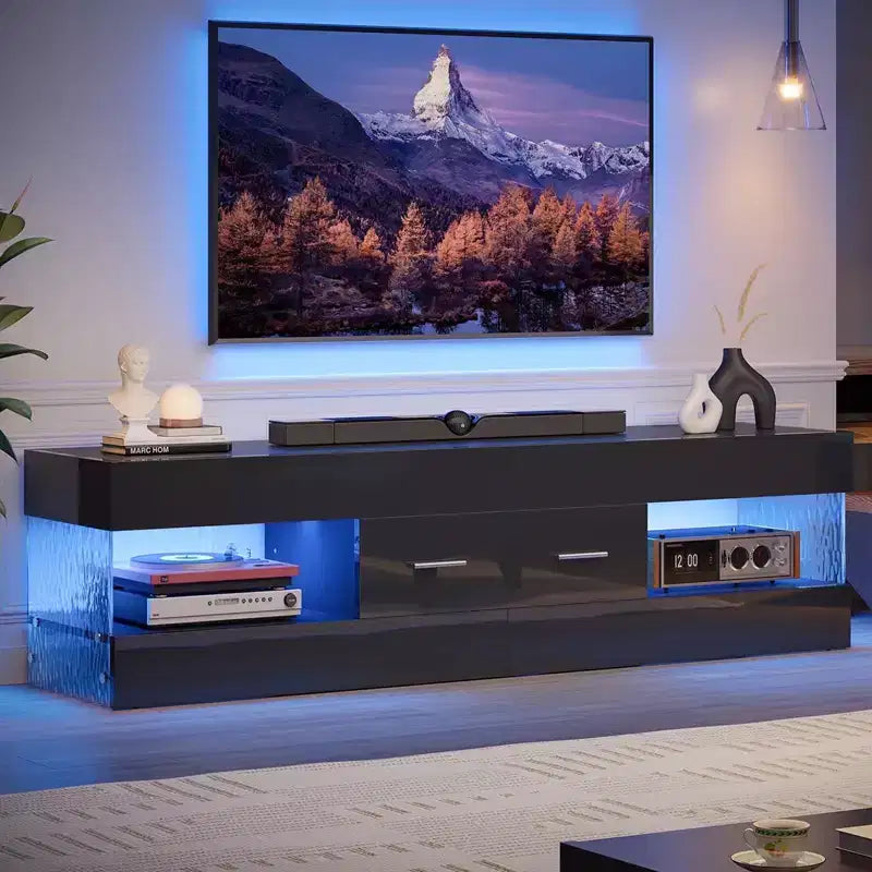 Meuble TV Bestier noir ultra-brillant pour TV jusqu'à 65 pouces, meuble de divertissement LED moderne avec tiroirs de rangement