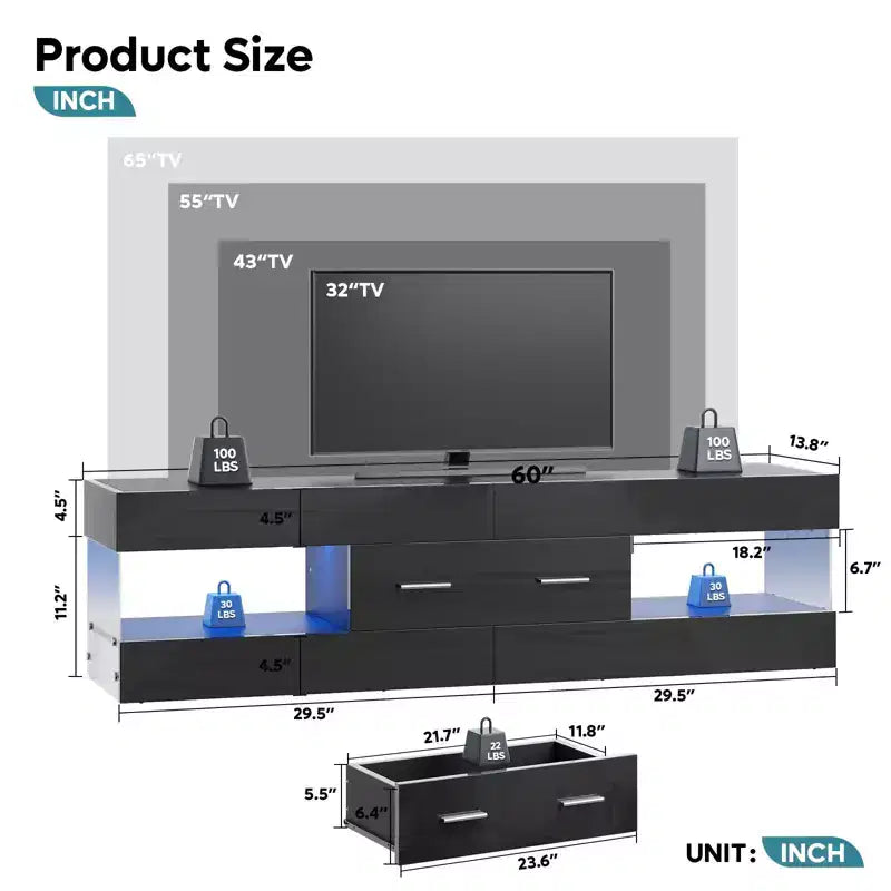 Meuble TV Bestier noir ultra-brillant pour TV jusqu'à 65 pouces, meuble de divertissement LED moderne avec tiroirs de rangement