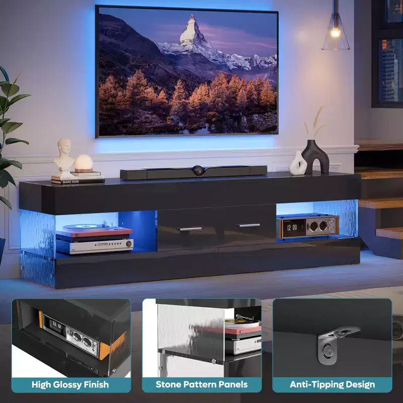 Meuble TV Bestier noir ultra-brillant pour TV jusqu'à 65 pouces, meuble de divertissement LED moderne avec tiroirs de rangement