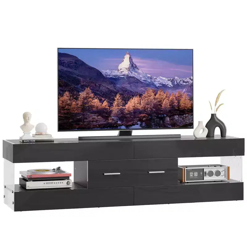 Meuble TV Bestier noir ultra-brillant pour TV jusqu'à 65 pouces, meuble de divertissement LED moderne avec tiroirs de rangement