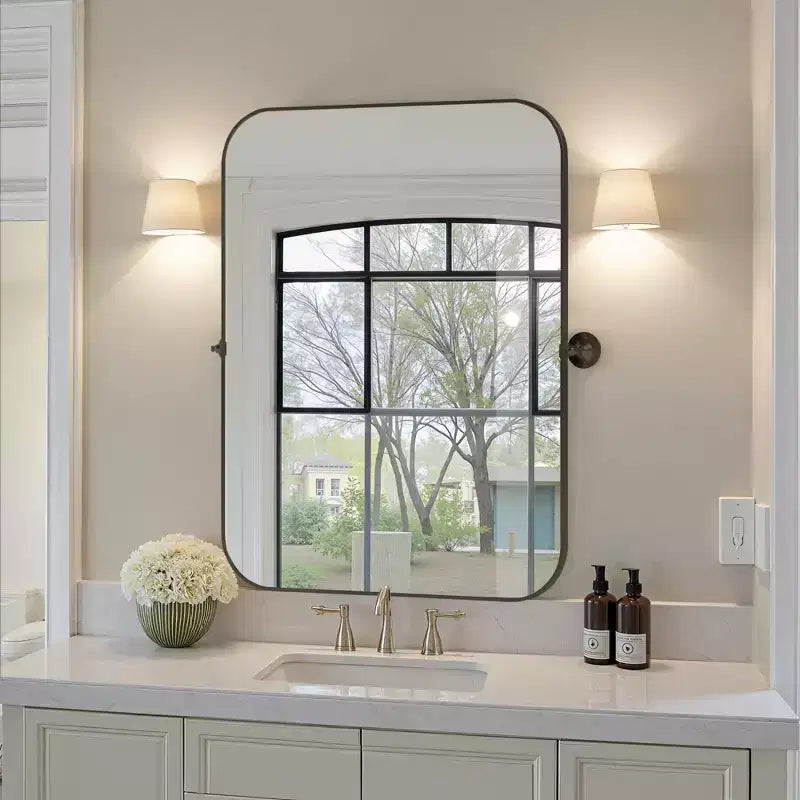 Miroir rectangulaire noir en fer classique de 80 cm avec coins arrondis, quincaillerie rotative, profondeur de 4 cm