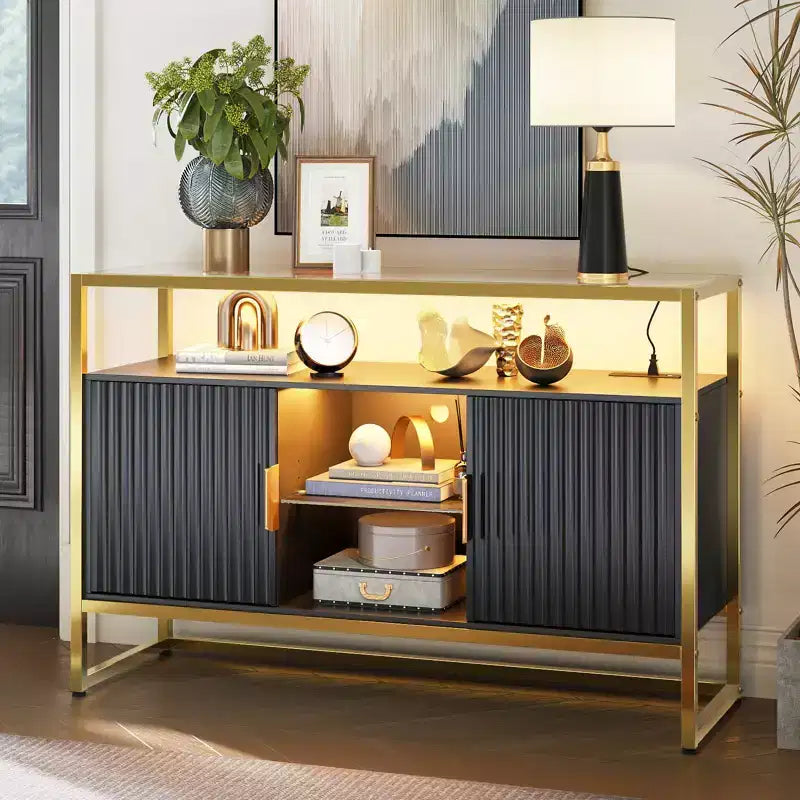 Bestier 47 Meuble de bar à café avec étagères réglables, buffet à LED avec prise de courant et étagères en verre, table d'entrée pour salon