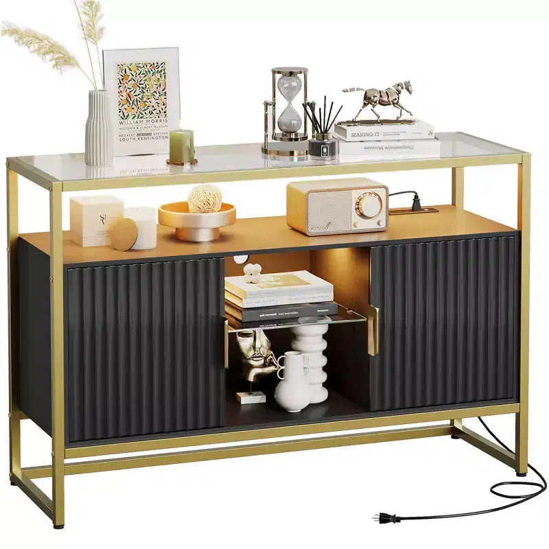 Bestier 47 Meuble de bar à café avec étagères réglables, buffet à LED avec prise de courant et étagères en verre, table d'entrée pour salon