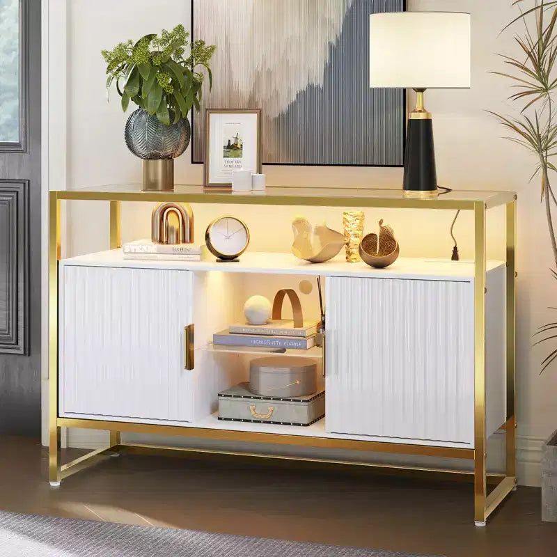 Bestier 47 Meuble de bar à café avec étagères réglables, buffet à LED avec prise de courant et étagères en verre, table d'entrée pour salon