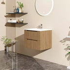 Meuble lavabo mural flottant 24 pouces avec vasque blanche et meuble sous-vasque, Noyer