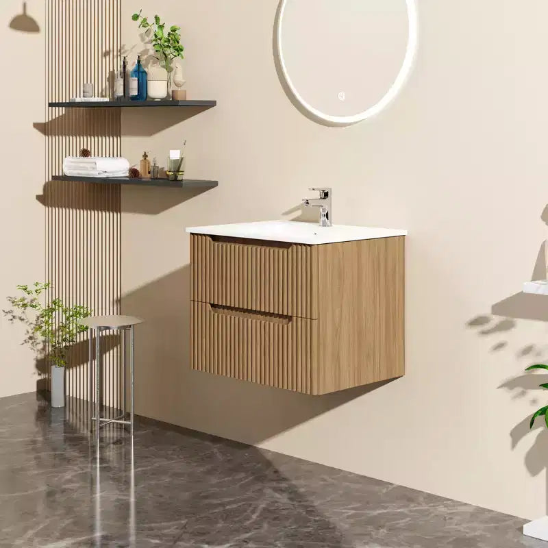 Meuble lavabo mural flottant 24 pouces avec vasque blanche et meuble sous-vasque, Noyer
