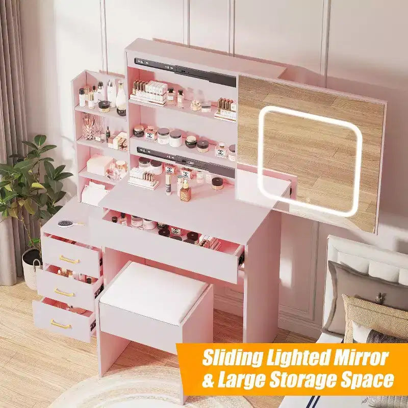 Ensemble de coiffeuse Acekool avec miroir coulissant, éclairage tactile, station de charge, 4 tiroirs et étagères, tabouret, pour chambre à coucher