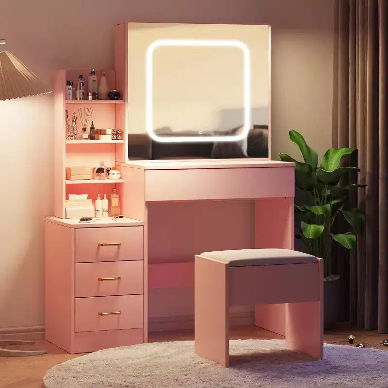 Ensemble de coiffeuse Acekool avec miroir coulissant, éclairage tactile, station de charge, 4 tiroirs et étagères, tabouret, pour chambre à coucher