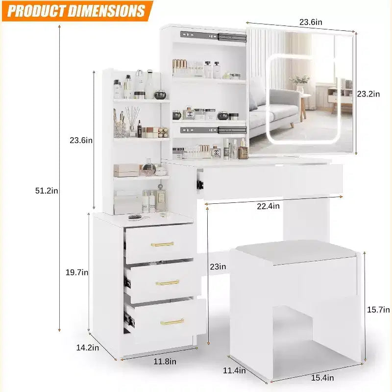Ensemble de coiffeuse Acekool avec miroir coulissant, éclairage tactile, station de charge, 4 tiroirs et étagères, tabouret, pour chambre à coucher