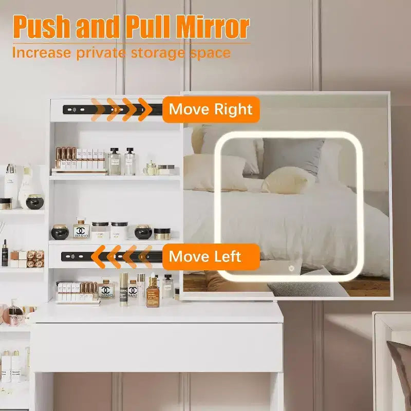 Ensemble de coiffeuse Acekool avec miroir coulissant, éclairage tactile, station de charge, 4 tiroirs et étagères, tabouret, pour chambre à coucher