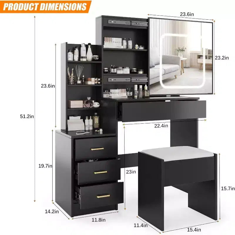 Ensemble de coiffeuse Acekool avec miroir coulissant, éclairage tactile, station de charge, 4 tiroirs et étagères, tabouret, pour chambre à coucher