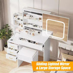 Ensemble de coiffeuse Acekool avec miroir coulissant, éclairage tactile, station de charge, 4 tiroirs et étagères, tabouret, pour chambre à coucher