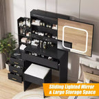 Ensemble de coiffeuse Acekool avec miroir coulissant, éclairage tactile, station de charge, 4 tiroirs et étagères, tabouret, pour chambre à coucher