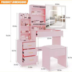 Ensemble de coiffeuse Acekool avec miroir coulissant, éclairage tactile, station de charge, 4 tiroirs et étagères, tabouret, pour chambre à coucher