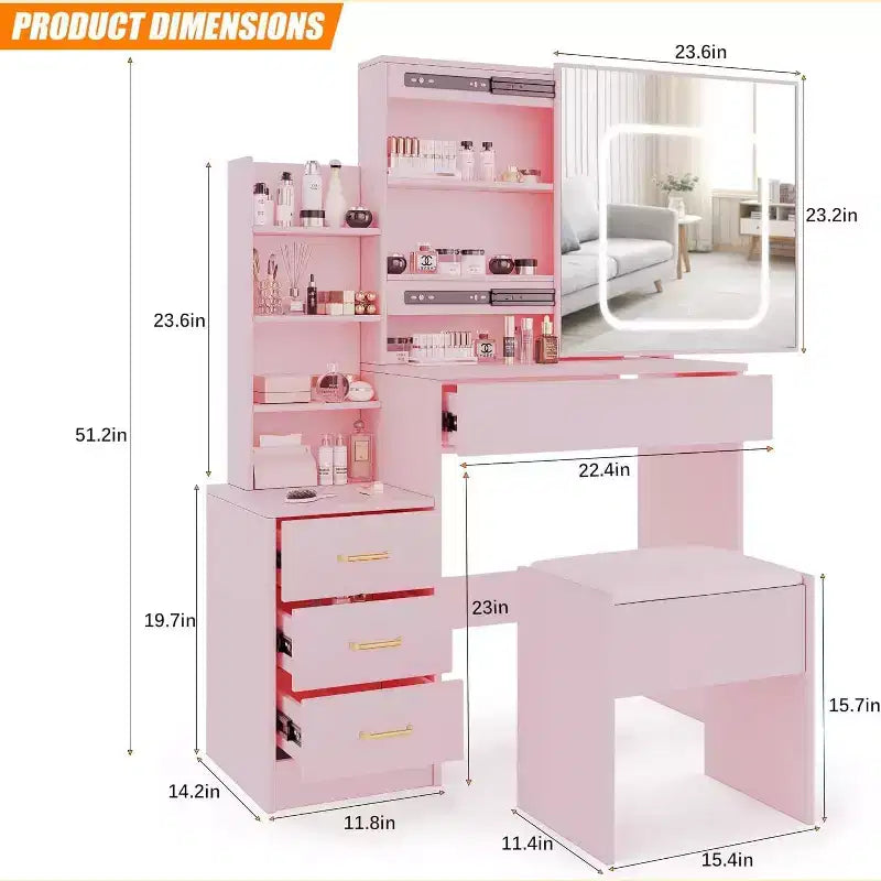 Ensemble de coiffeuse Acekool avec miroir coulissant, éclairage tactile, station de charge, 4 tiroirs et étagères, tabouret, pour chambre à coucher