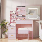 Ensemble de coiffeuse Acekool avec miroir coulissant, éclairage tactile, station de charge, 4 tiroirs et étagères, tabouret, pour chambre à coucher