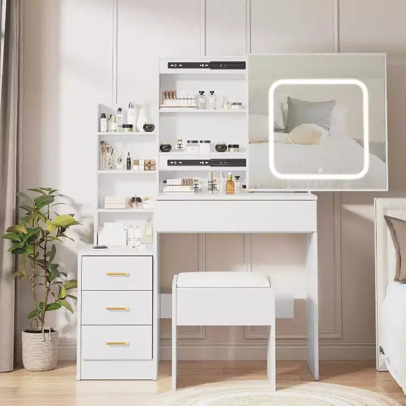 Ensemble de coiffeuse Acekool avec miroir coulissant, éclairage tactile, station de charge, 4 tiroirs et étagères, tabouret, pour chambre à coucher
