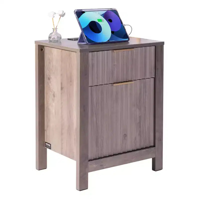 VEVOR Farmhouse End Table Set of 2, Nightstand with Charging Station, 3 Tiers Side Table with Storage Cabinet and 2 Drawers, Side Table