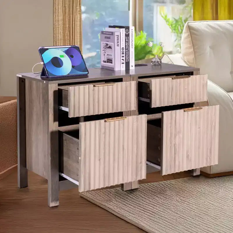 VEVOR Lot de 2 tables de bout de style rustique, table de chevet avec station de charge, table d'appoint à 3 niveaux avec armoire de rangement et 2 tiroirs, table d'appoint
