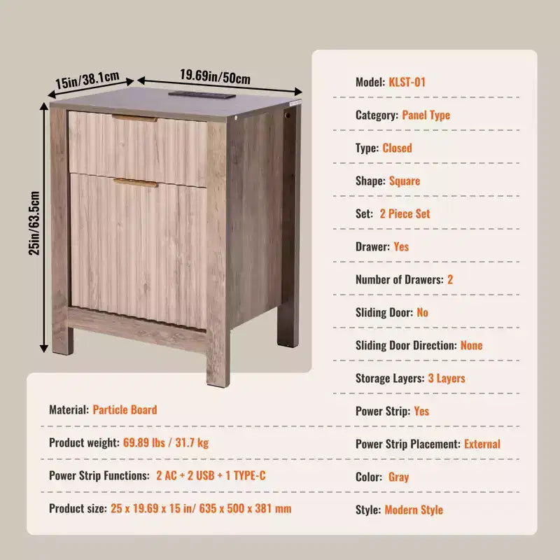 VEVOR Lot de 2 tables de bout de style rustique, table de chevet avec station de charge, table d'appoint à 3 niveaux avec armoire de rangement et 2 tiroirs, table d'appoint