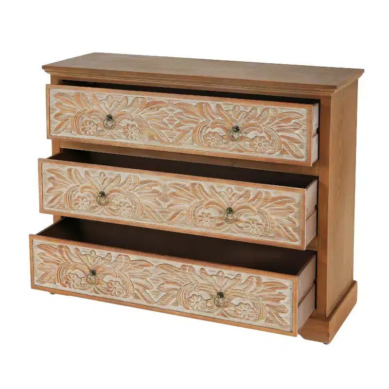 Commode en bois Christopher Knight Home Bianca Boho avec 3 tiroirs et motifs floraux sculptés