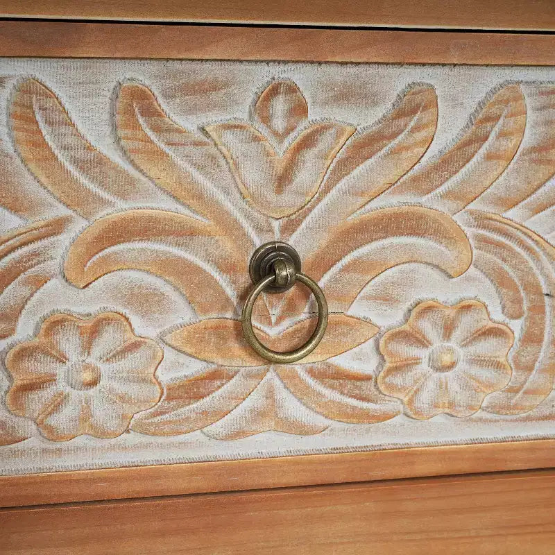 Commode en bois Christopher Knight Home Bianca Boho avec 3 tiroirs et motifs floraux sculptés