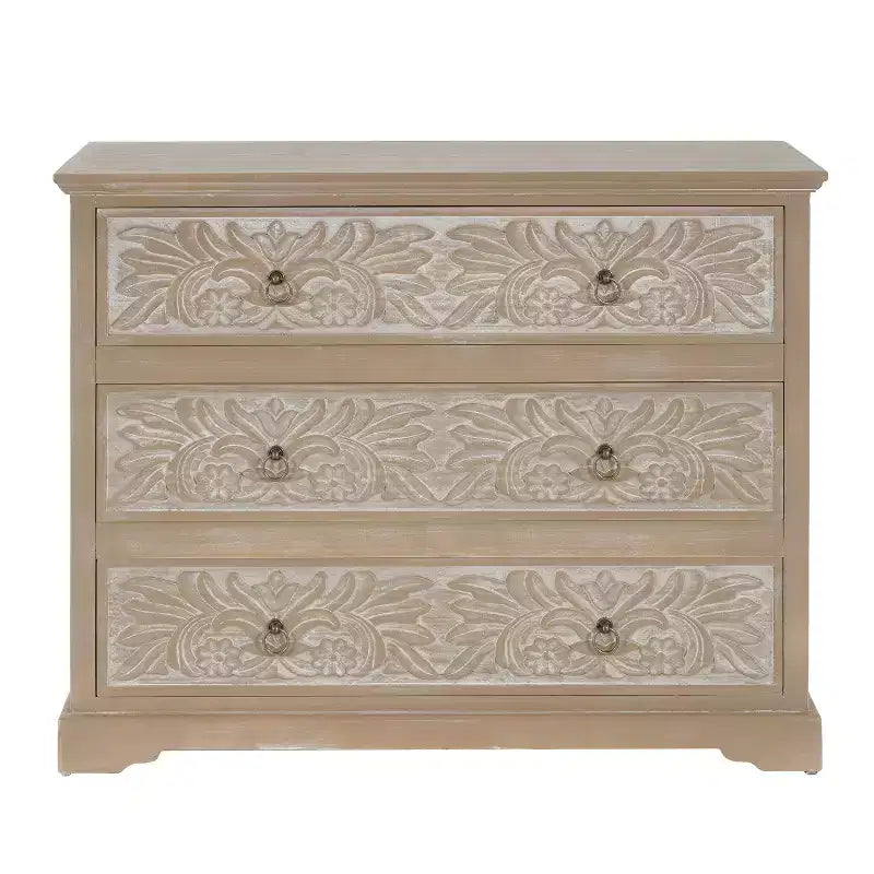 Commode en bois Christopher Knight Home Bianca Boho avec 3 tiroirs et motifs floraux sculptés