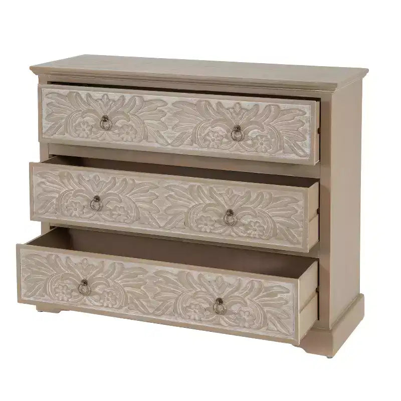 Commode en bois Christopher Knight Home Bianca Boho avec 3 tiroirs et motifs floraux sculptés