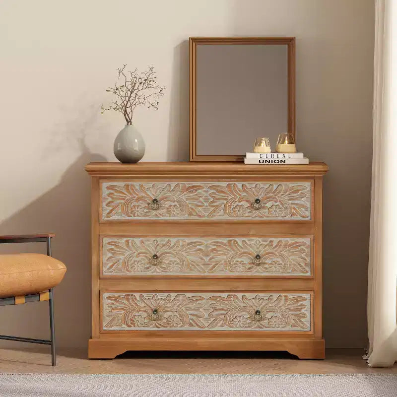 Commode en bois Christopher Knight Home Bianca Boho avec 3 tiroirs et motifs floraux sculptés