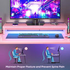Bureau de gamer en U Bestier avec support d'écran, lumières LED, crochets pour casque, porte-gobelet, noir fibre de carbone
