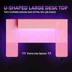 Bureau de gamer en U Bestier avec support d'écran, lumières LED, crochets pour casque, porte-gobelet, noir fibre de carbone