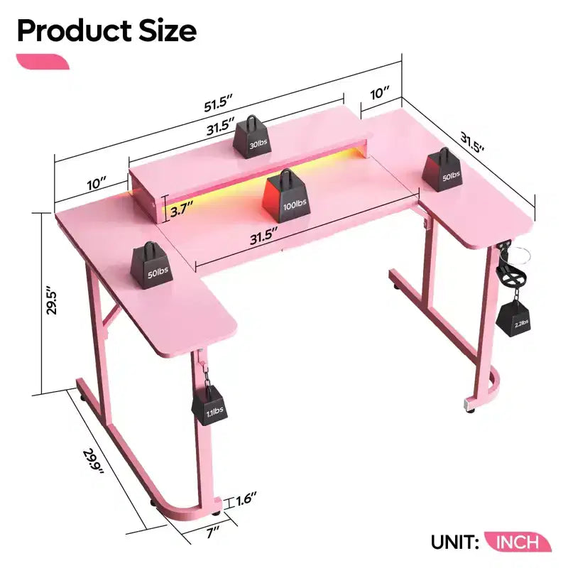 Bureau de gamer en U Bestier avec support d'écran, lumières LED, crochets pour casque, porte-gobelet, noir fibre de carbone