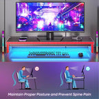 Bureau de gamer en U Bestier avec support d'écran, lumières LED, crochets pour casque, porte-gobelet, noir fibre de carbone