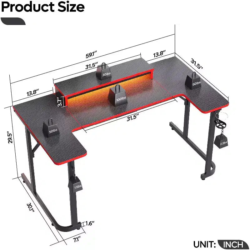 Bureau de gamer en U Bestier avec support d'écran, lumières LED, crochets pour casque, porte-gobelet, noir fibre de carbone