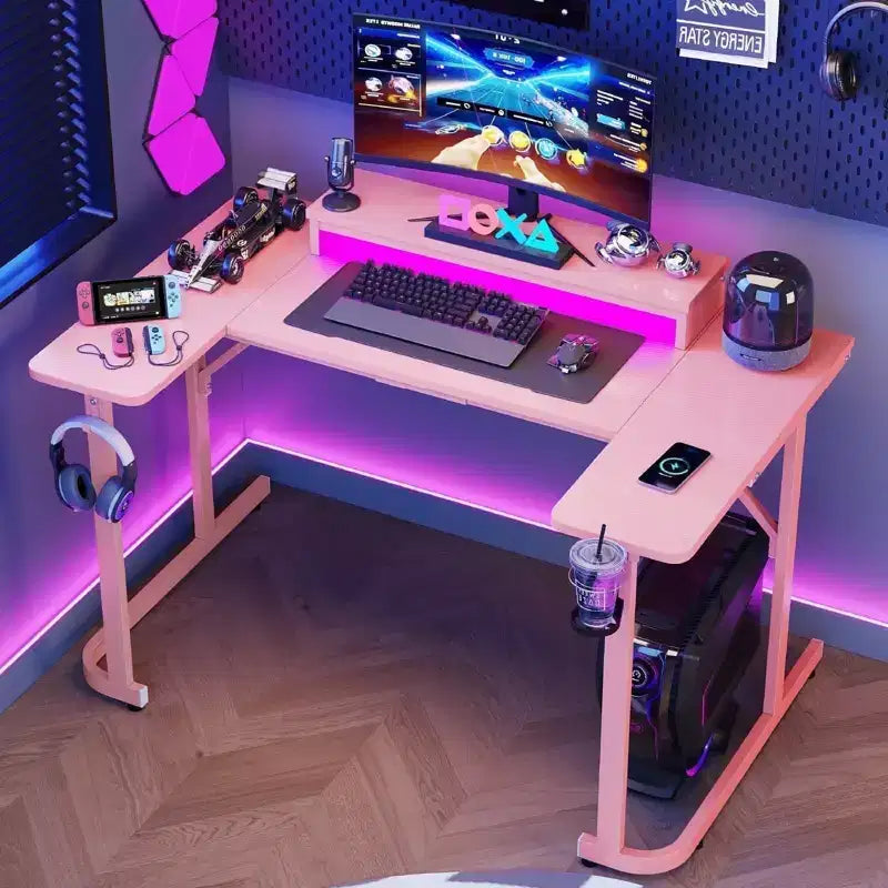 Bureau de gamer en U Bestier avec support d'écran, lumières LED, crochets pour casque, porte-gobelet, noir fibre de carbone
