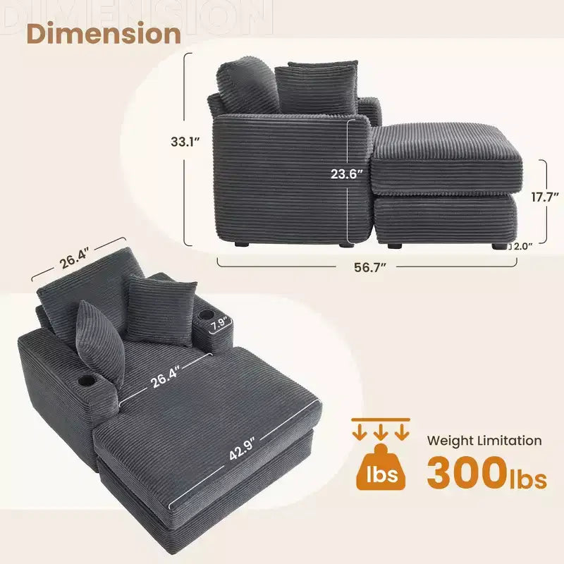 Hyleory Chaise longue en velours côtelé avec ottoman, fauteuil inclinable une place, fauteuil d'appoint moderne pour salon ou chambre à coucher