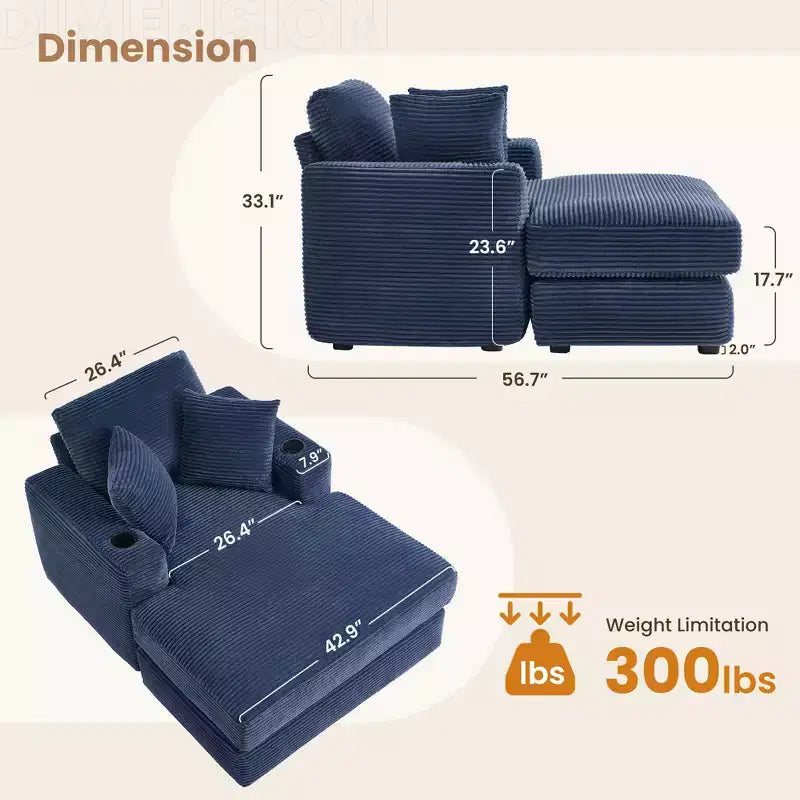 Hyleory Chaise longue en velours côtelé avec ottoman, fauteuil inclinable une place, fauteuil d'appoint moderne pour salon ou chambre à coucher