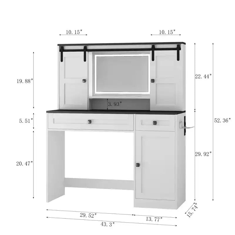 Coiffeuse de 110 cm de large Okak Farmhouse avec support pour sèche-cheveux, bureau de vanité avec tiroir de maquillage et armoire pour chambre à coucher