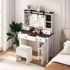 Coiffeuse de 110 cm de large Okak Farmhouse avec support pour sèche-cheveux, bureau de vanité avec tiroir de maquillage et armoire pour chambre à coucher