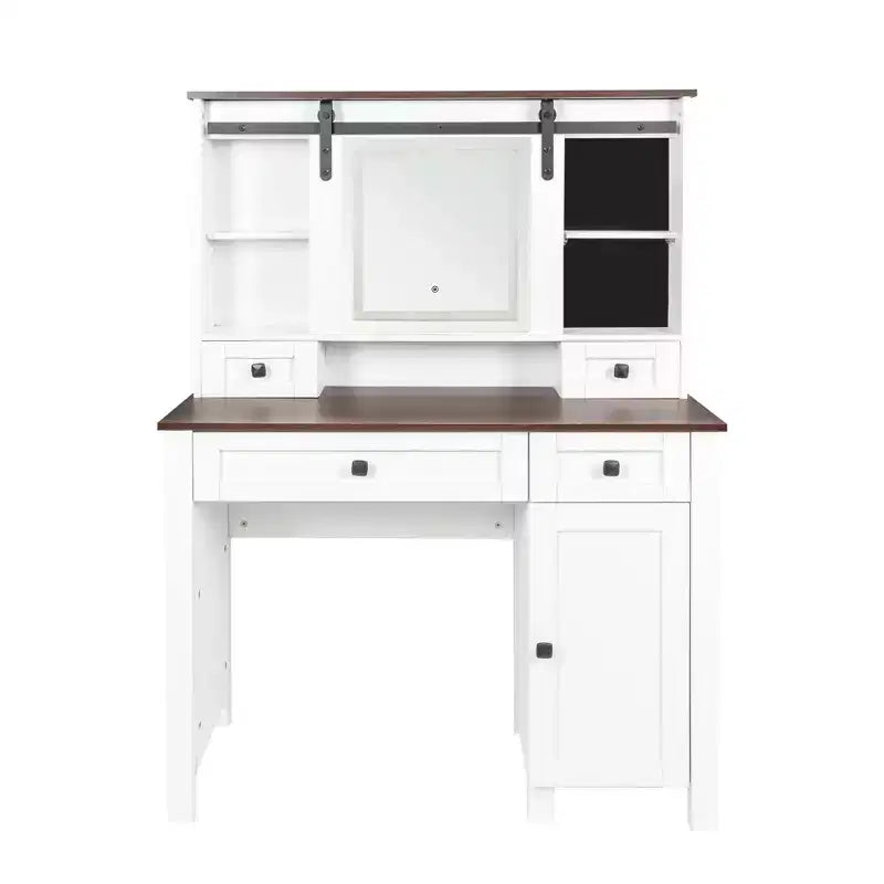 Coiffeuse de 110 cm de large Okak Farmhouse avec support pour sèche-cheveux, bureau de vanité avec tiroir de maquillage et armoire pour chambre à coucher